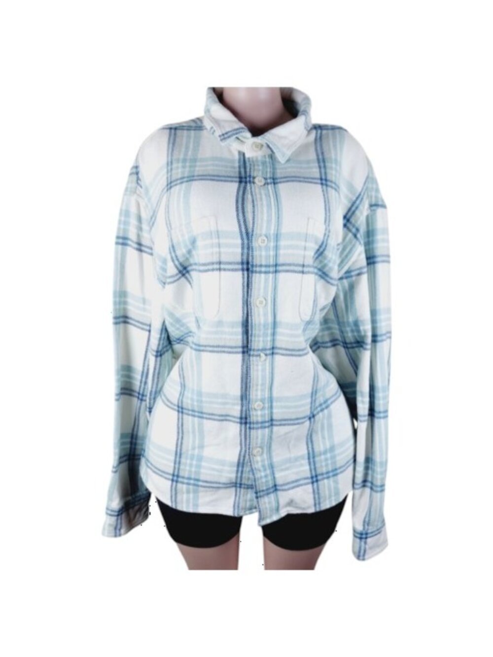 American Eagle Women's Blue White Plaid Long Sleeve Button-Front Shirt Size XXL